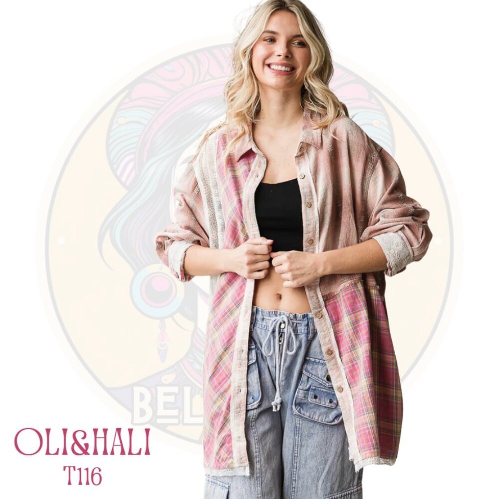 T116 OLI & HALI Blush Pink Cotton Plaid Long Sleeve Shirt